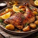 Plate with a roasted chicken leg garnished with herbs, roasted baby potatoes, and lemon wedges