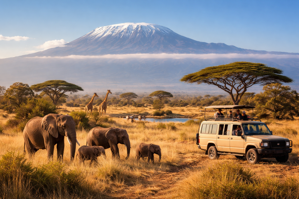 Tourists in safari vehicle view elephants and giraffes near Mount Kilimanjaro in savannah