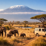 Tourists in safari vehicle view elephants and giraffes near Mount Kilimanjaro in savannah