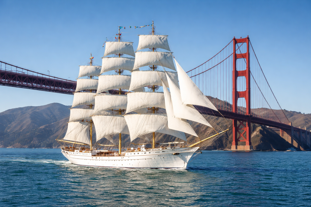 White tall sailing ship with full sails near the red Golden Gate Bridge on a sunny day.