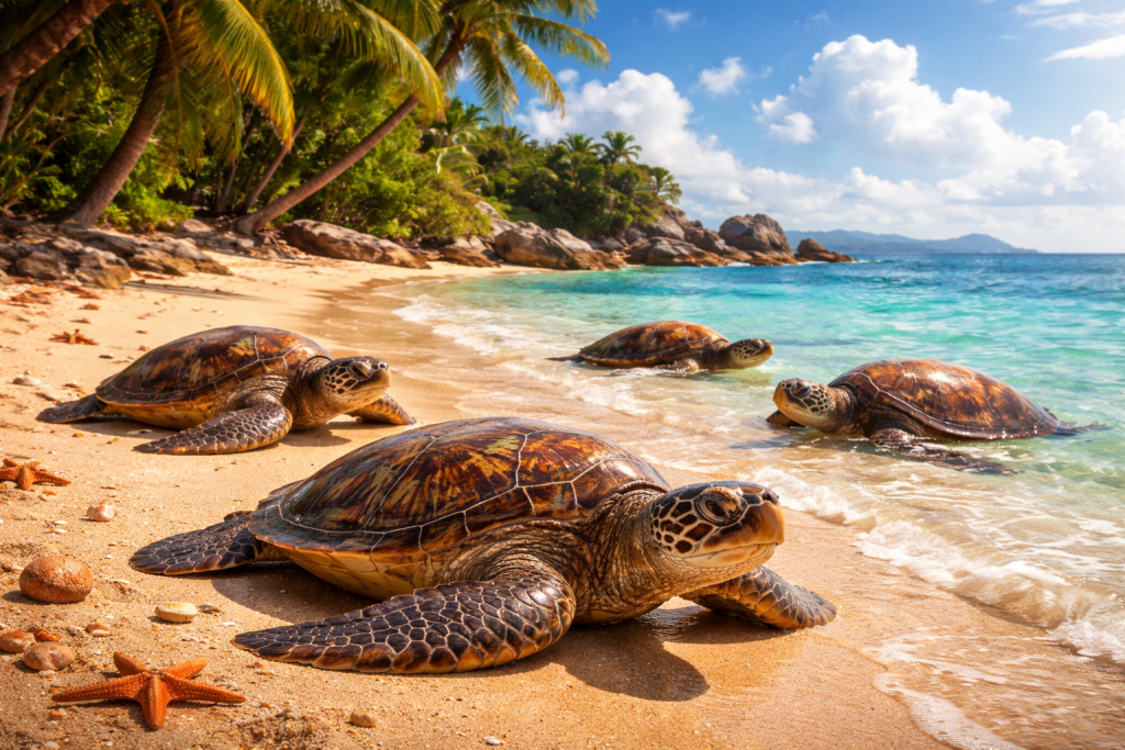 Four sea turtles resting and swimming near a sandy tropical beach with crystal clear water and palm trees