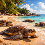 Four sea turtles resting and swimming near a sandy tropical beach with crystal clear water and palm trees