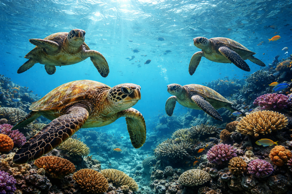 Four sea turtles swimming above a vibrant coral reef in clear blue ocean water.