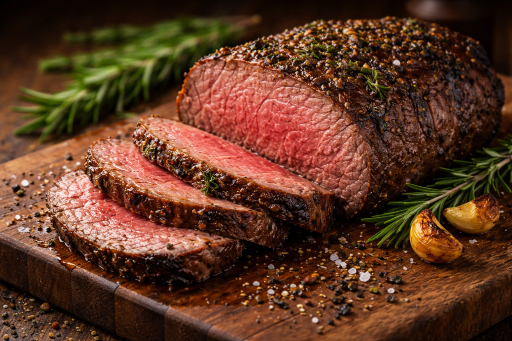 Pepper-crusted roast beef sliced on a wooden board with garlic cloves and rosemary sprigs