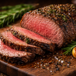 Pepper-crusted roast beef sliced on a wooden board with garlic cloves and rosemary sprigs