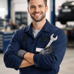 Confident male mechanic in blue overalls holding a wrench in a car workshop.