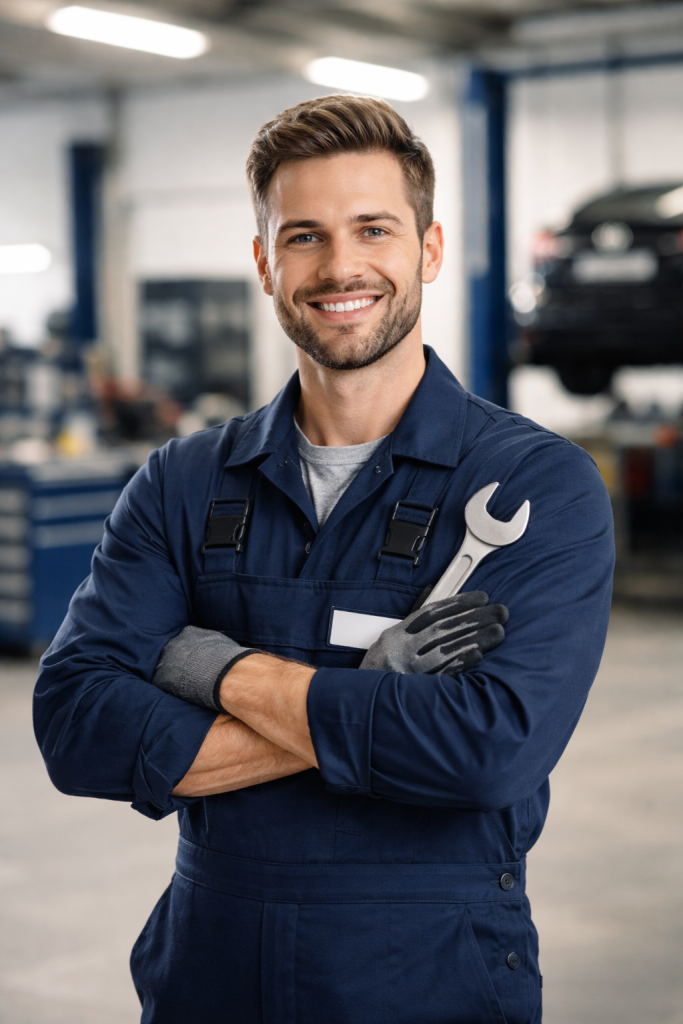 Confident male mechanic in blue overalls holding a wrench in a car workshop.