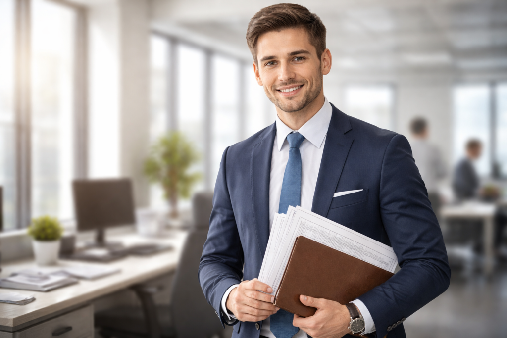 Young businessman in navy suit holding papers and a folder in a bright office