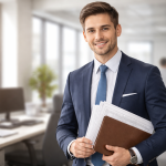 Young businessman in navy suit holding papers and a folder in a bright office