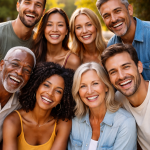A diverse group of eight adults smiling together in a sunny outdoor setting.