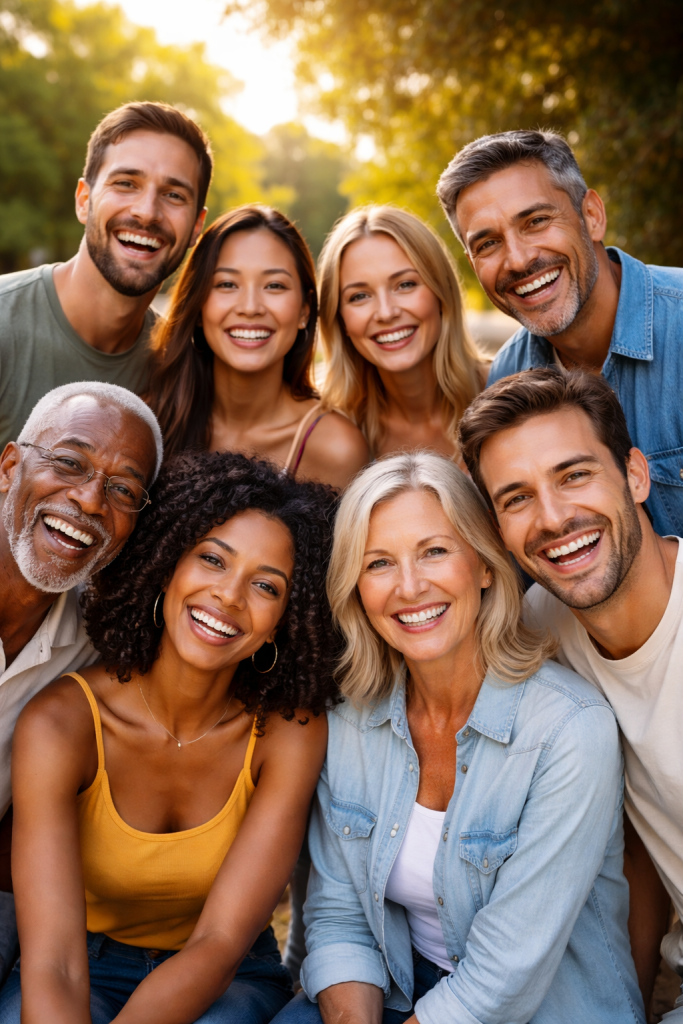 A diverse group of eight adults smiling together in a sunny outdoor setting.