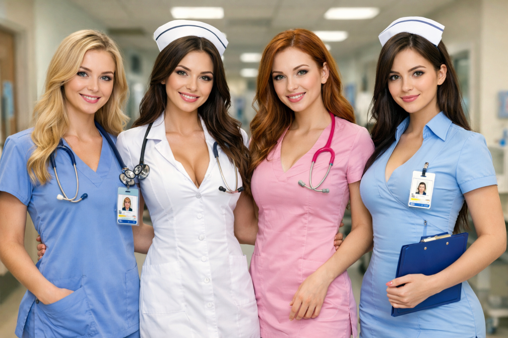 Four smiling female nurses in different colored uniforms standing together in a hospital corridor.