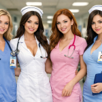 Four smiling female nurses in different colored uniforms standing together in a hospital corridor.