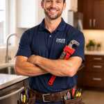 A smiling plumber holding a red pipe wrench in a modern kitchen