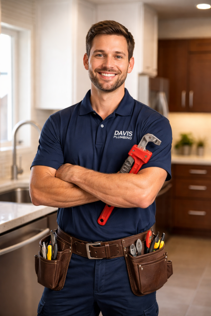 A smiling plumber holding a red pipe wrench in a modern kitchen