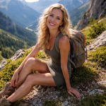 A woman with blonde hair and a backpack sits smiling on a rocky mountain trail.