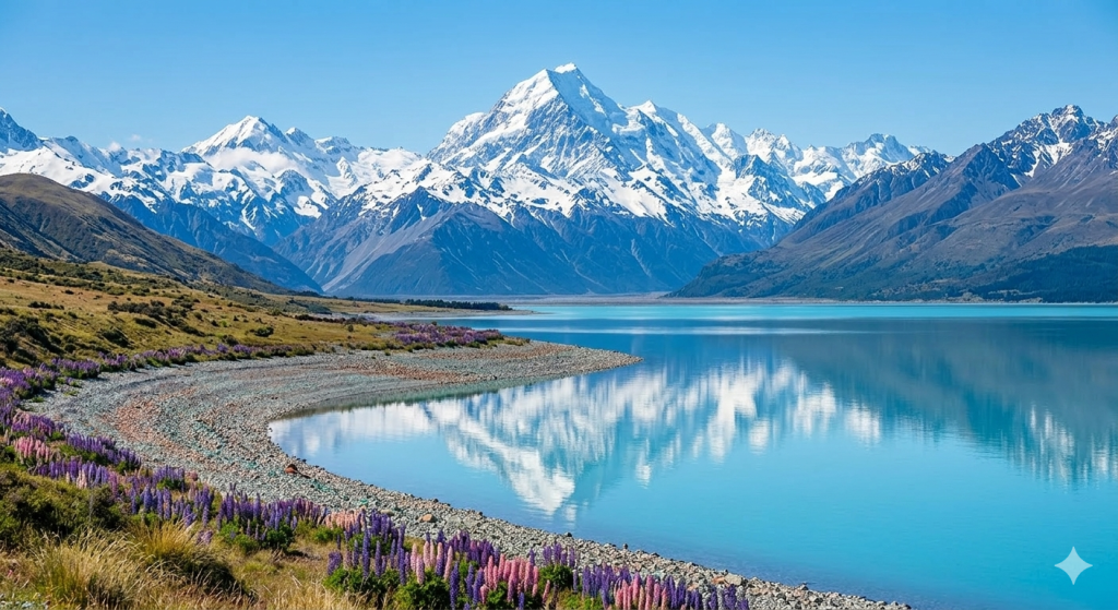 Snow-capped mountains reflected in a calm turquoise lake with purple lupine flowers on the rocky shore