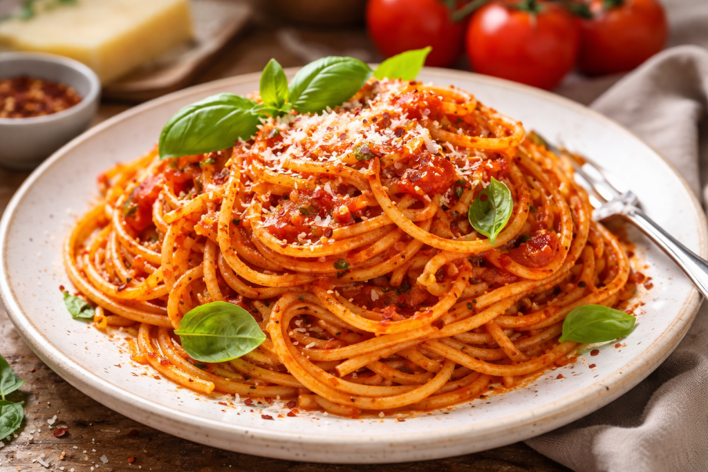 Plate of spaghetti pasta topped with tomato sauce, grated cheese, and fresh basil leaves