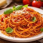 Plate of spaghetti pasta topped with tomato sauce, grated cheese, and fresh basil leaves