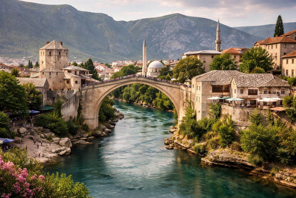 Stone arch bridge over the Neretva River with historic buildings and mountains in Mostar.