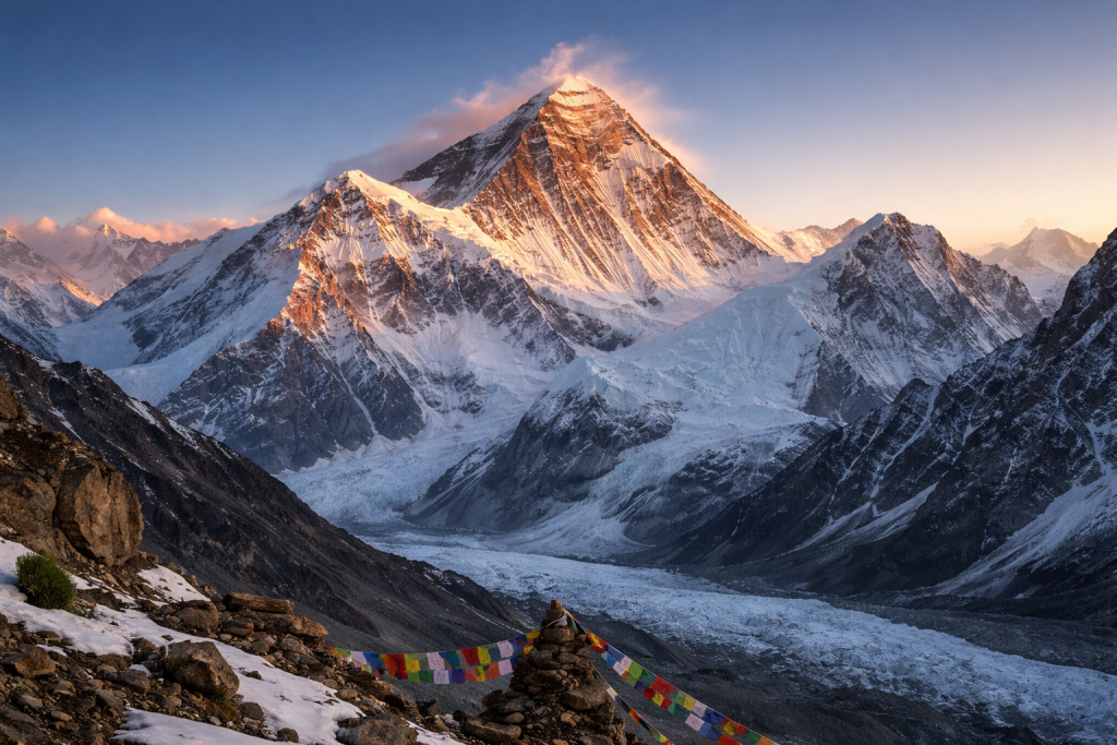 Snowy Himalayan peak glowing in warm sunset light with prayer flags in rocky foreground