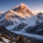 Snowy Himalayan peak glowing in warm sunset light with prayer flags in rocky foreground