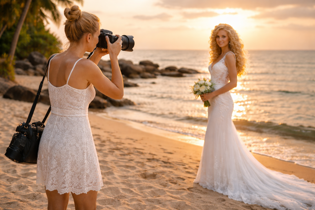 Photographer captures bride holding bouquet on sandy beach at sunset with ocean background