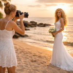 Photographer captures bride holding bouquet on sandy beach at sunset with ocean background