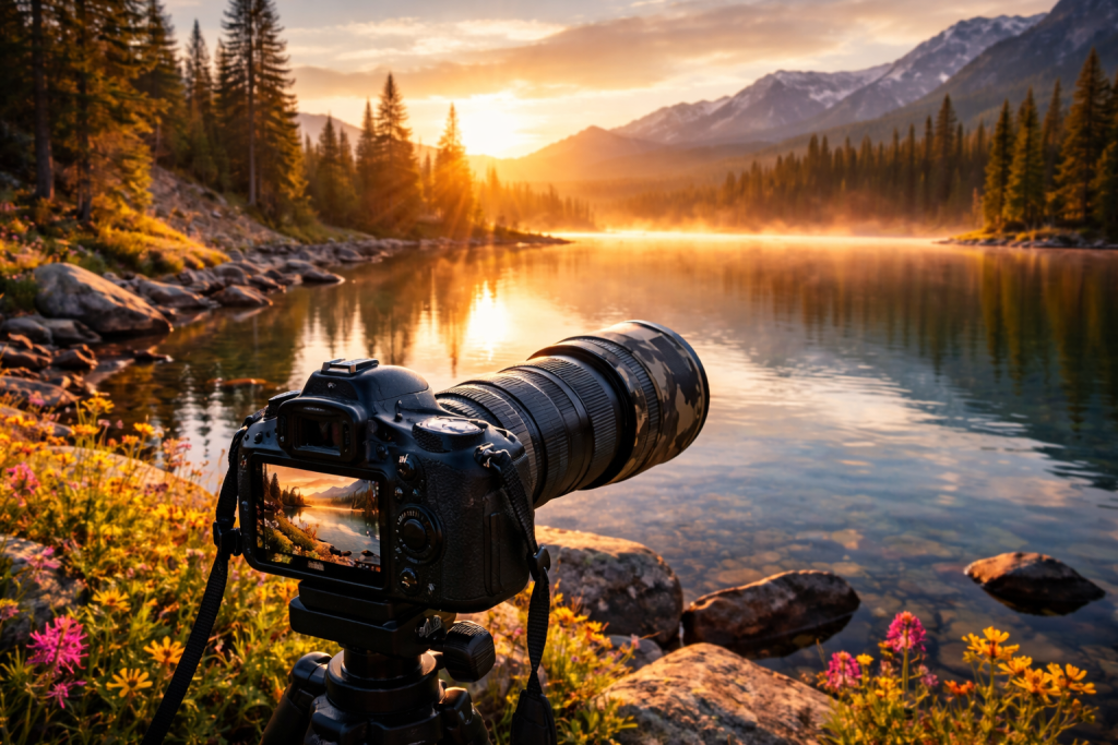 DSLR camera with telephoto lens on tripod capturing a sunset over a mountain lake surrounded by wildflowers and rocks