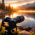DSLR camera with telephoto lens on tripod capturing a sunset over a mountain lake surrounded by wildflowers and rocks