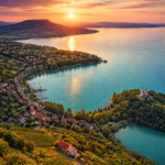 Aerial view of a lakeside village with vineyards, a small castle, and a vibrant sunset over calm blue water