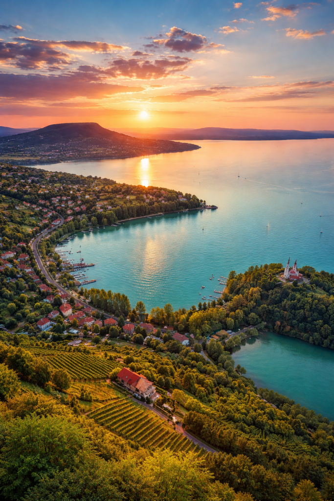 Aerial view of a lakeside village with vineyards, a small castle, and a vibrant sunset over calm blue water