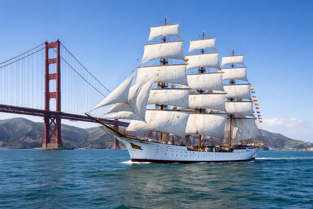 Large white tall ship with full sails sailing near the Golden Gate Bridge on clear water.