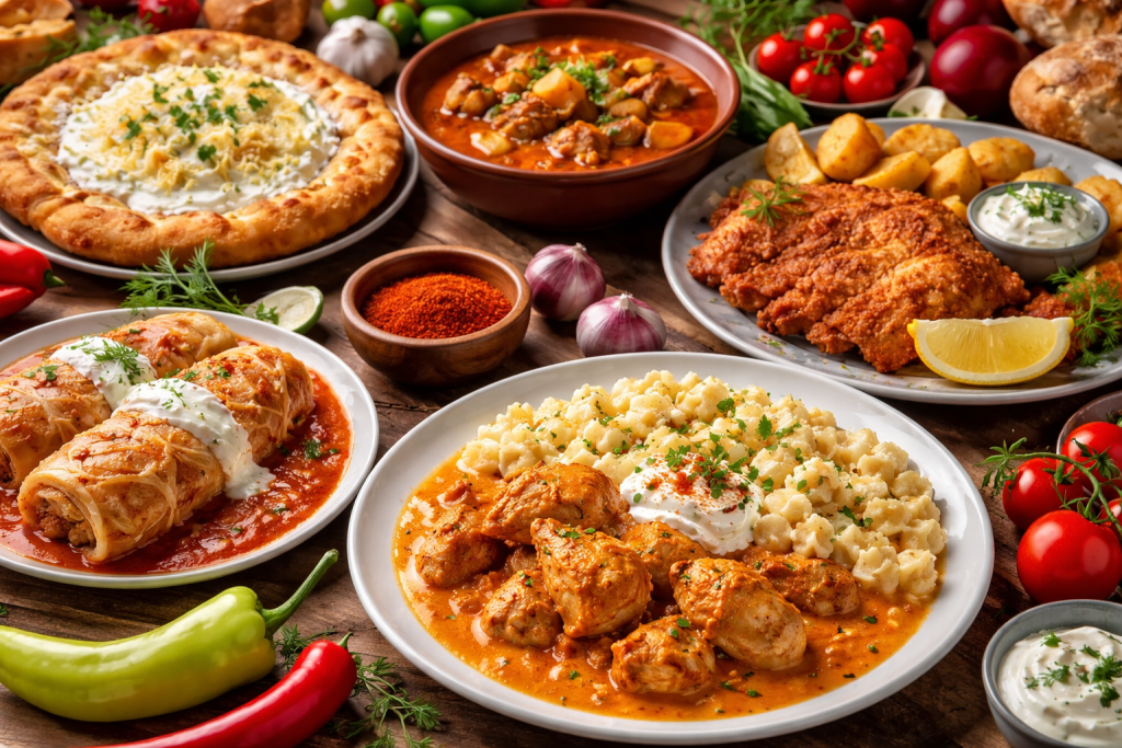 Plates of Hungarian dishes including chicken paprikash with dumplings, stuffed cabbage, fried chicken with potatoes, and a flatbread with cheese.