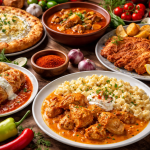 Plates of Hungarian dishes including chicken paprikash with dumplings, stuffed cabbage, fried chicken with potatoes, and a flatbread with cheese.