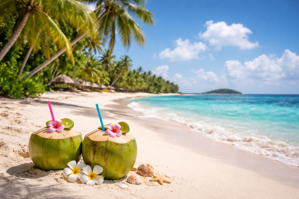 Two green coconuts with straws and flowers on sandy beach with palm trees and turquoise ocean.
