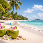 Two green coconuts with straws and flowers on sandy beach with palm trees and turquoise ocean.