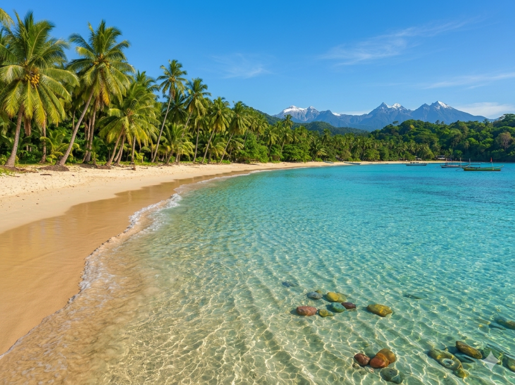 Clear turquoise water, sandy beach with palm trees, and snow-capped mountains in the distance.