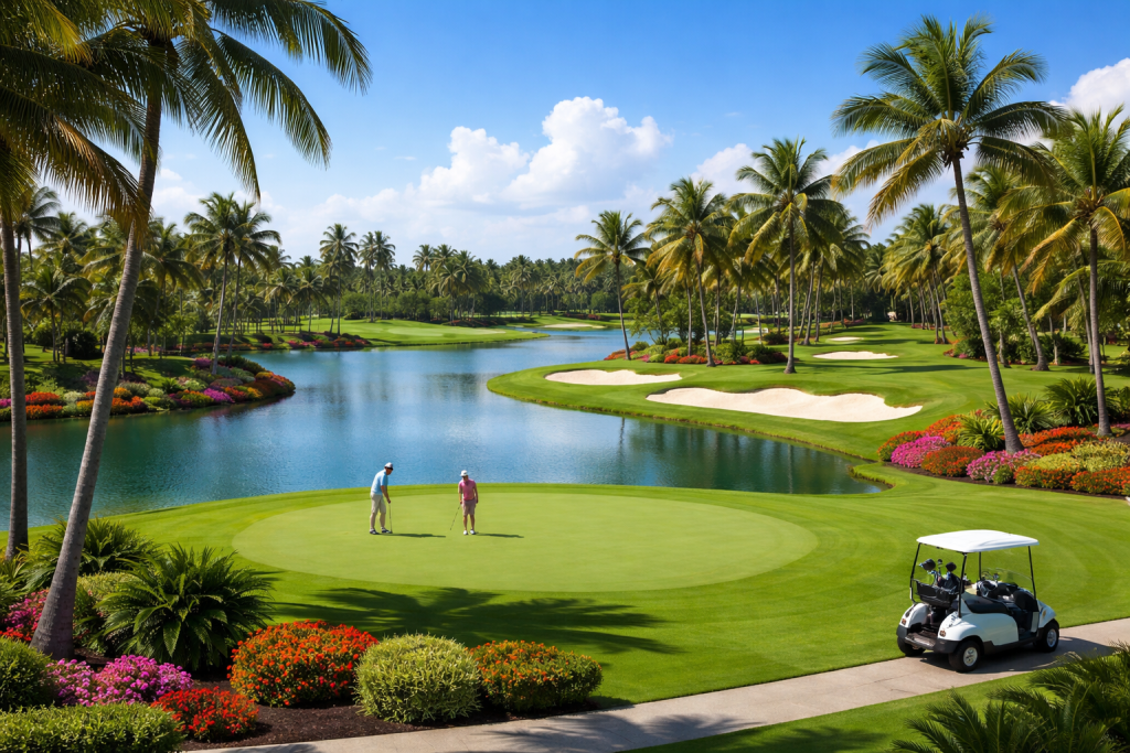 Two golfers on a green near a water hazard with palm trees and colorful flowers in bright sunlight.