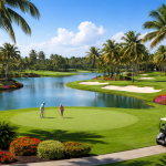 Two golfers on a green near a water hazard with palm trees and colorful flowers in bright sunlight.