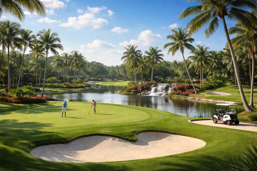 Two golfers on putting green near lake with waterfall and palm trees under blue sky