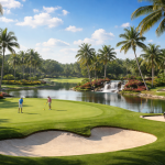Two golfers on putting green near lake with waterfall and palm trees under blue sky