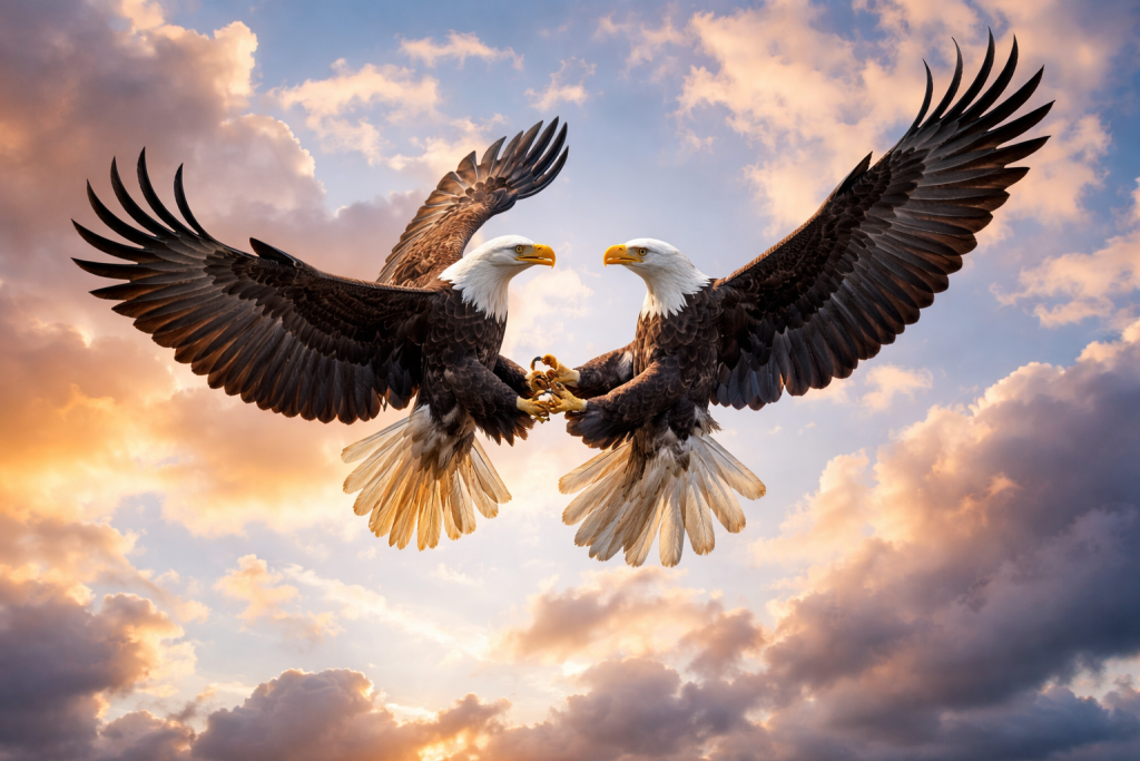 Two bald eagles facing each other with wings spread wide against a colorful sky