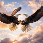 Two bald eagles facing each other with wings spread wide against a colorful sky