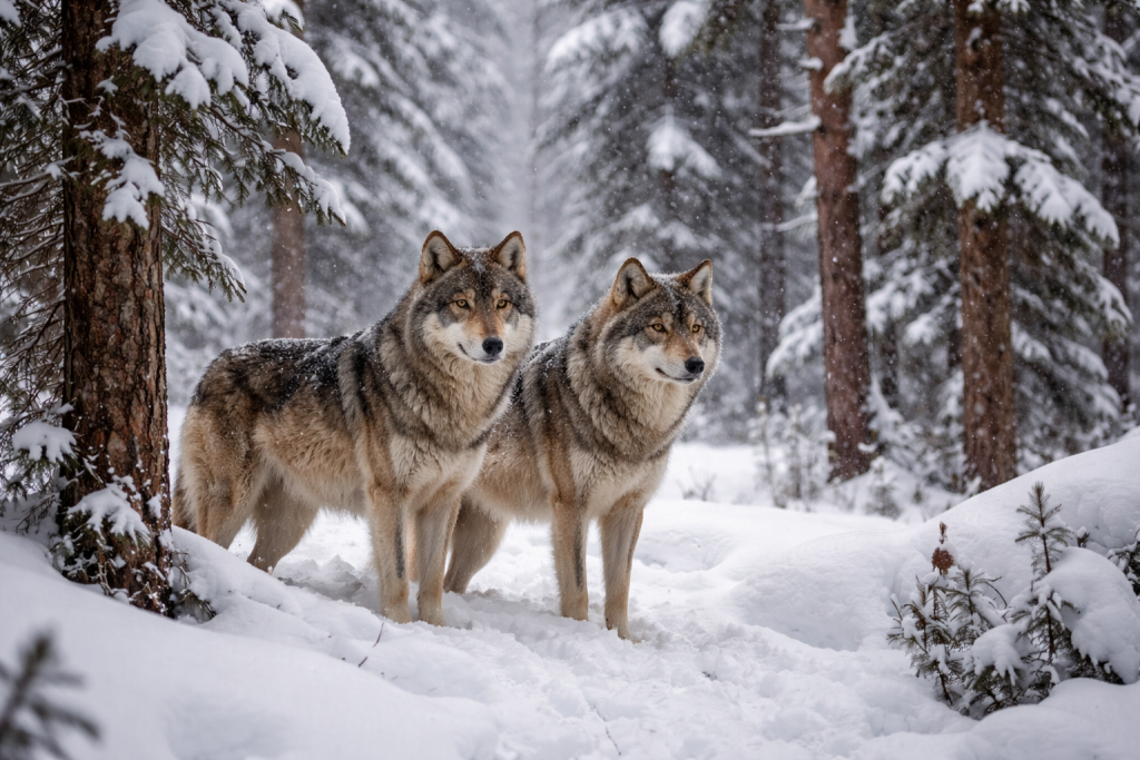 Two gray wolves standing side by side in a snow-covered forest during snowfall.