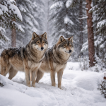 Two gray wolves standing side by side in a snow-covered forest during snowfall.