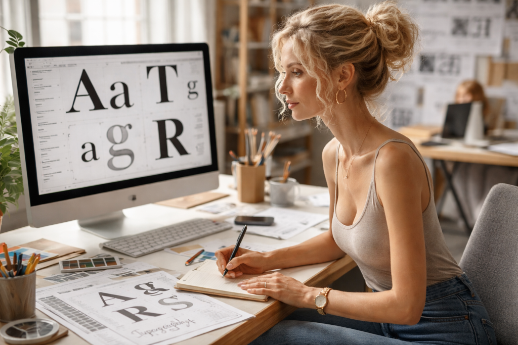 Woman working on typography design at a computer with printed typeface samples on desk