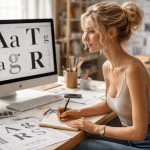 Woman working on typography design at a computer with printed typeface samples on desk