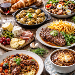 Table set with croissants, steak with fries, mixed salad, cheeses, meat, baked dishes, and drinks