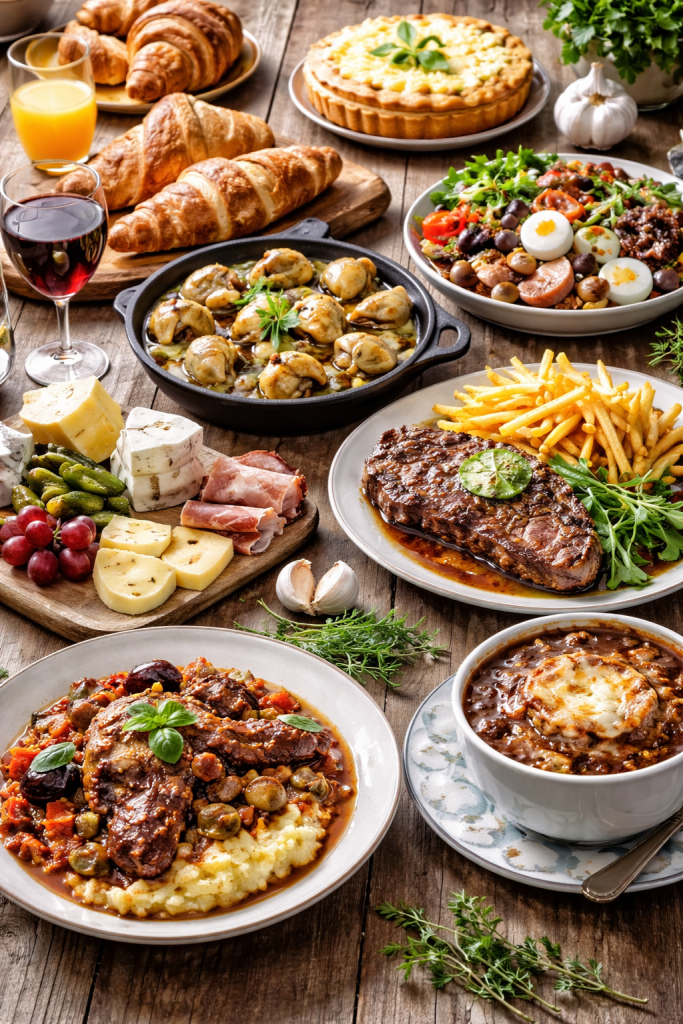 Table set with croissants, steak with fries, mixed salad, cheeses, meat, baked dishes, and drinks